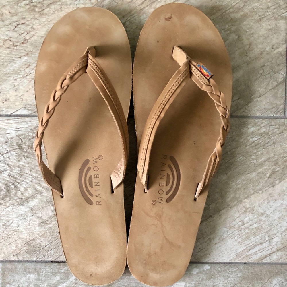 Rainbow Flip Flops - Tan Leather - 9.5